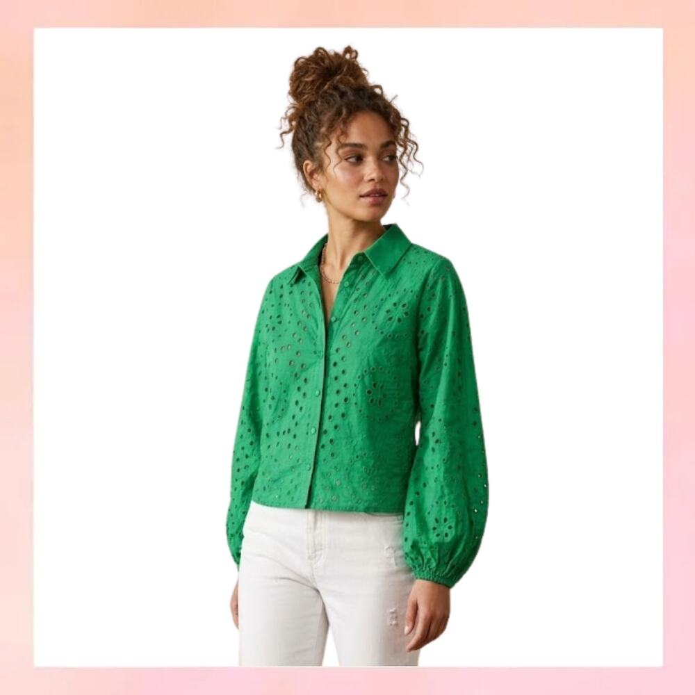 Silk & Salt Kelly Green Eyelet Lace Button Down Long Sleeve Top M Boho